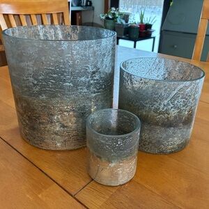 Set of 3 Crate & Barrel SONA Silver and Gray Glass Candle Holder Hurricanes